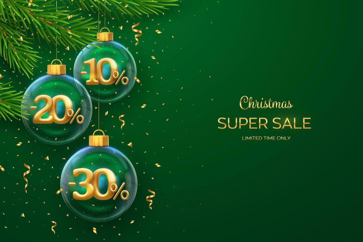 Christmas sale banner. 10, 20, 30 percent Off discount promotion. Realistic golden 10, 20, 30 numbers in a transparent glass balls on green background. Advertising poster, flyer. Vector illustration.