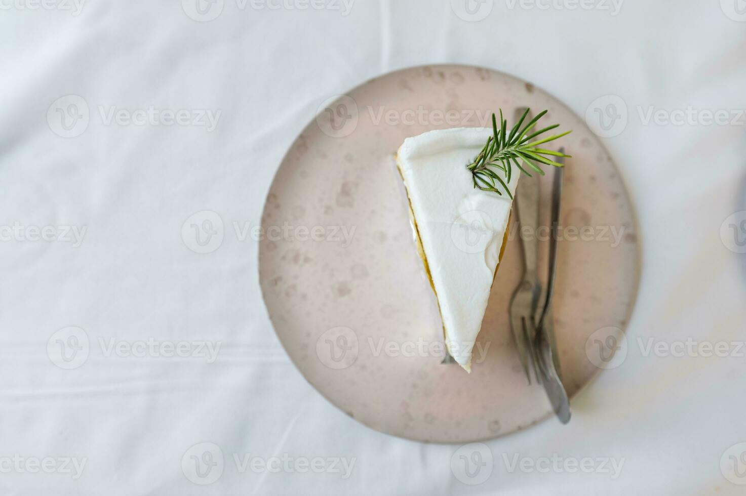 Smooth coconut cream cake sliced in ceramic plate photo