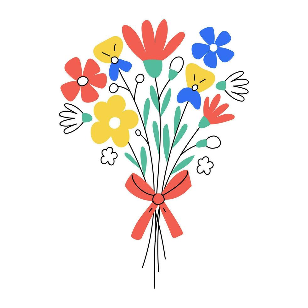 Hand drawn Bouquet of flowers. Simple botanical element. Color flat vector illustration isolated on a white background.