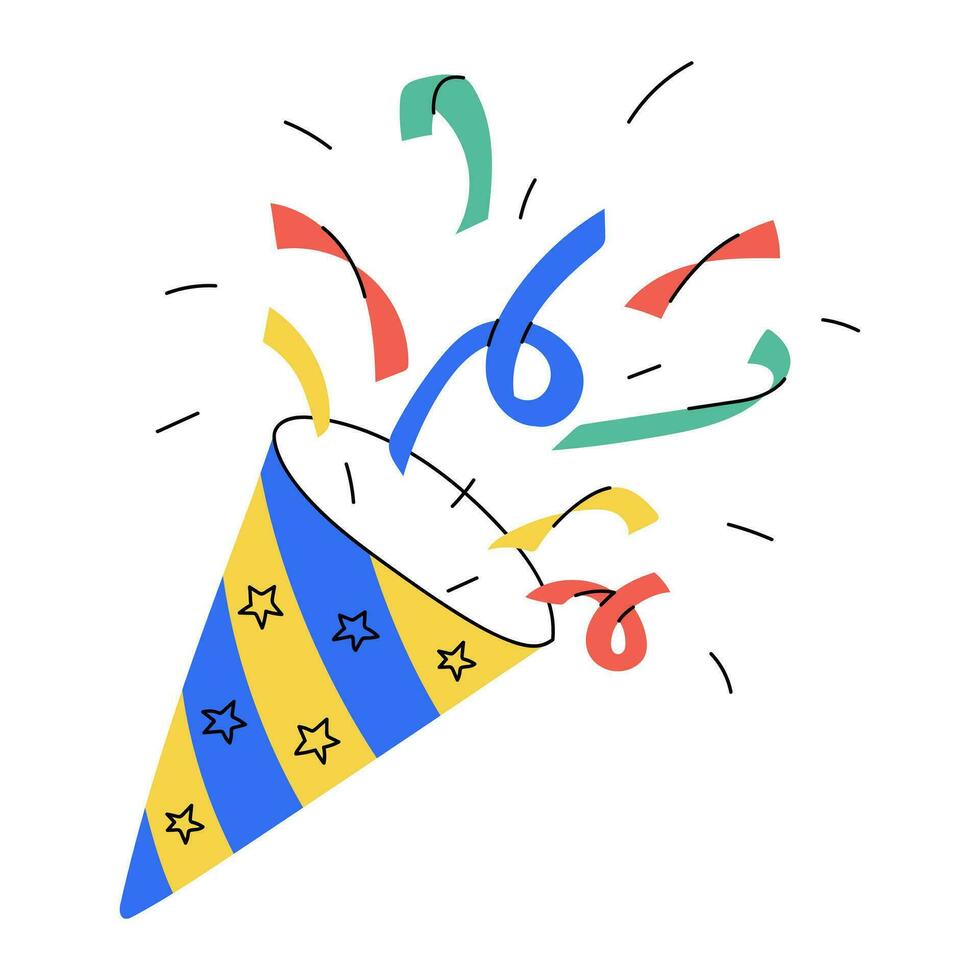 Hand drawn poppers with confetti and ribbons. Festive, celebration decorative element. Bright color flat vector illustration isolated on a white background.