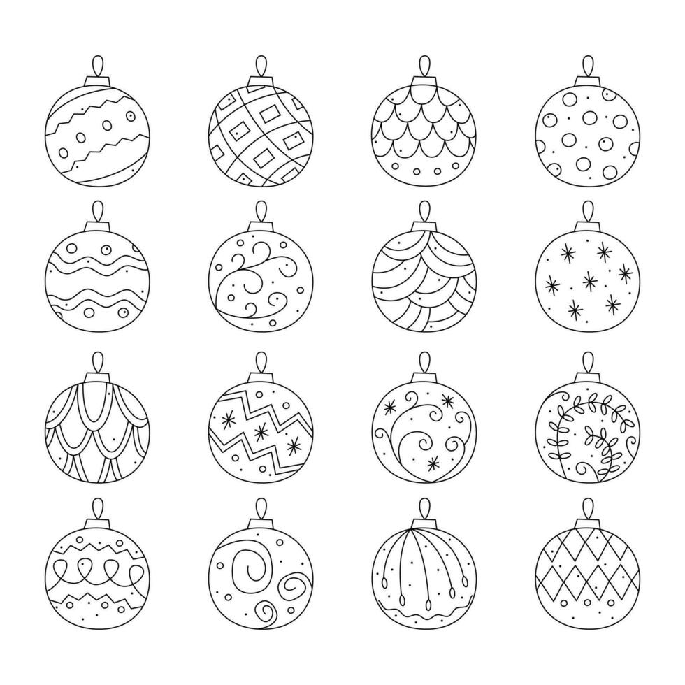 A set of Christmas balls with different abstract patterns. Doodle vector black and white clipart illustration.