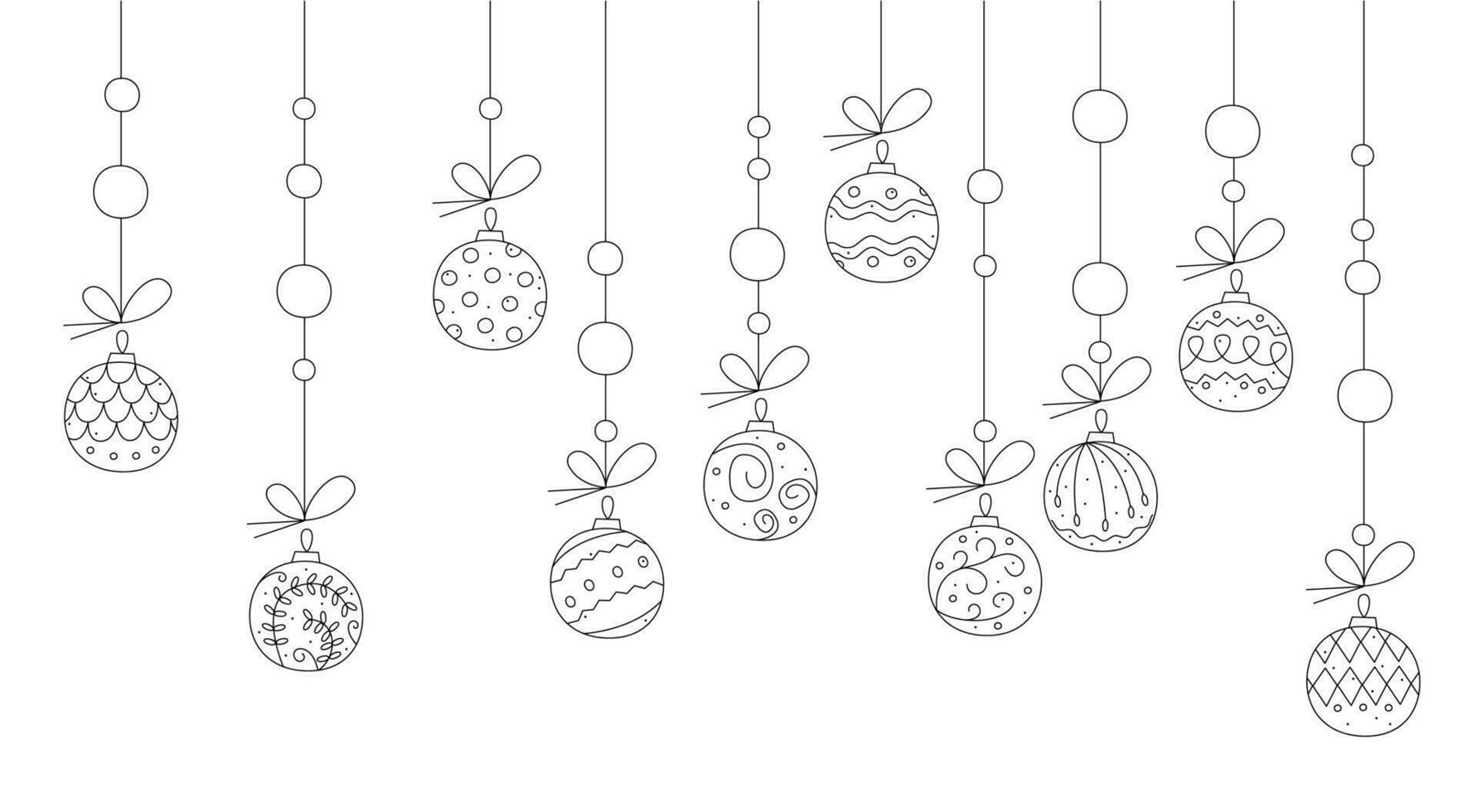 garabatear Navidad pelotas en el formar de un guirnalda colgando en un cuerda. vector negro y blanco clipart ilustración.