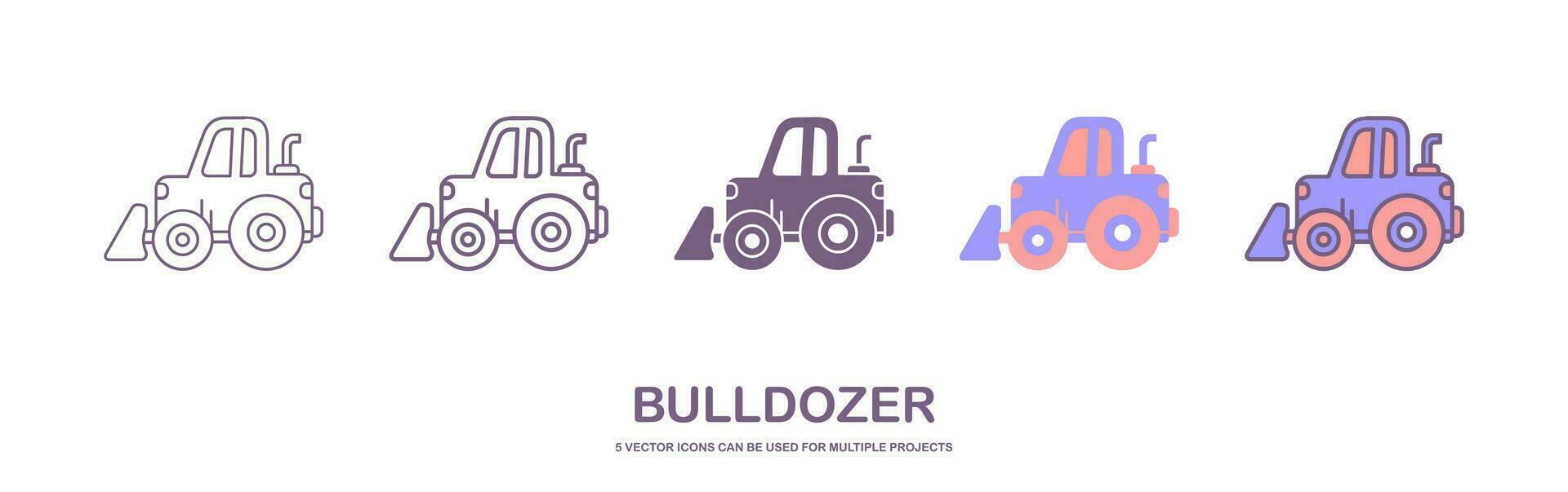 Bulldozer icon. Heavy tracked tractor with blade. Vector simple flat graphic illustration. The isolated object on a white background. Isolated on white background. 5 icons with different styles