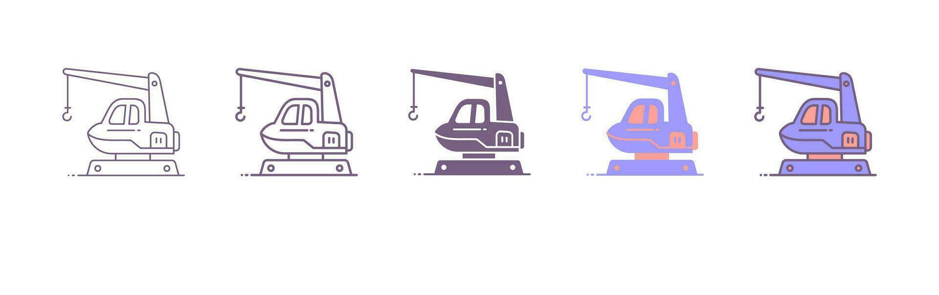 Crane icons set. Different types of cranes, linear icon collection. Cargo, construction, rail and other industrial cranes for construction and logistics. Line with editable vector. 5 different styles vector