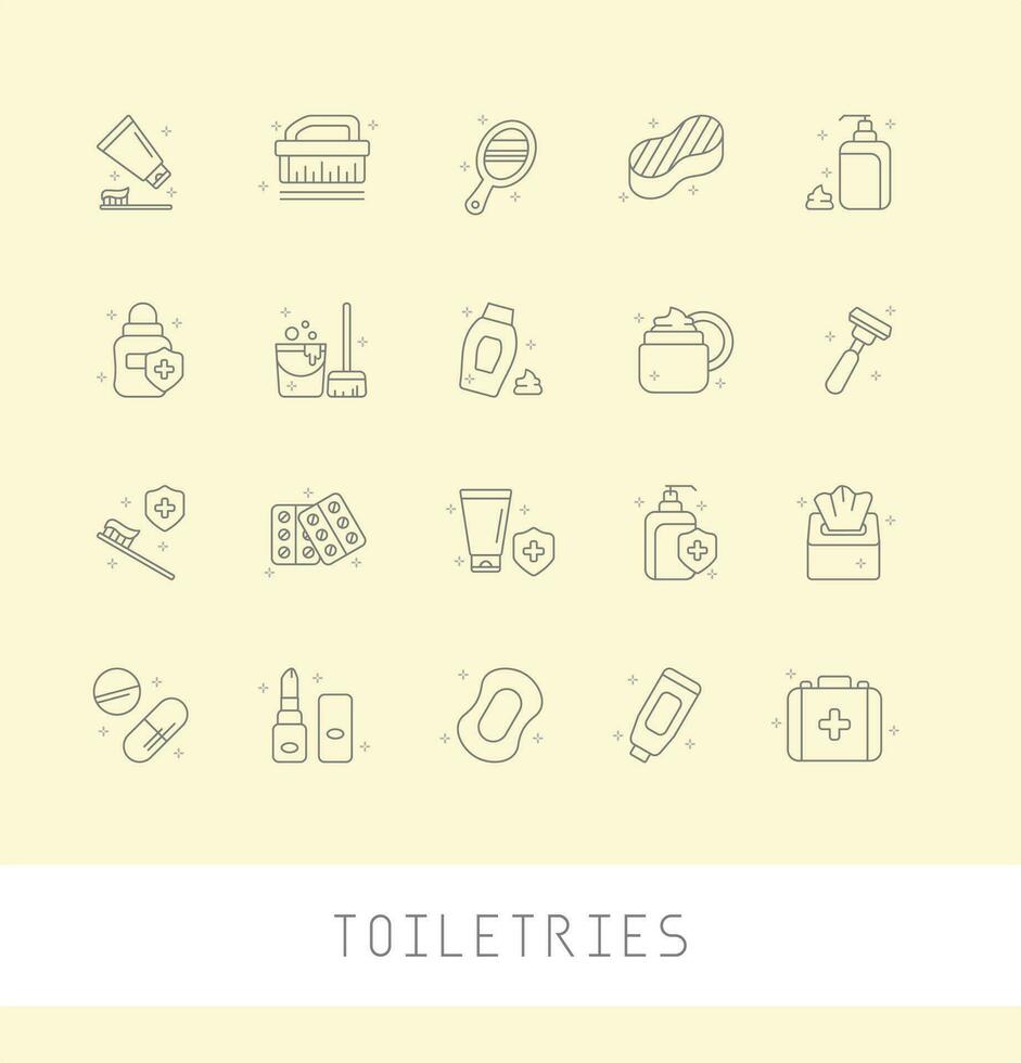 Vector travel toiletries icons. Editable icons. Toothbrush shampoo conditioner deodorant  moisturizer hand cream facial cleanser sunscreen razor soap mirror nail. isolated on white background.