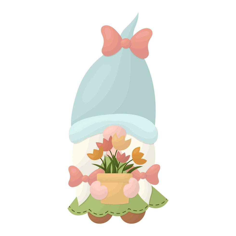 A garden gnome with flowers in a pot. Vector illustration on a white background.