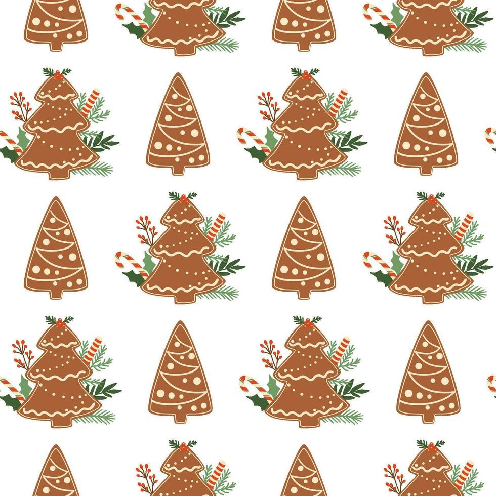 Christmas baking pattern with gingerbread Christmas tree cookies, candy cane. Sweet winter holidays dessert repeat background. Tasty vector illustration for wrapping paper, wallpaper, package design.