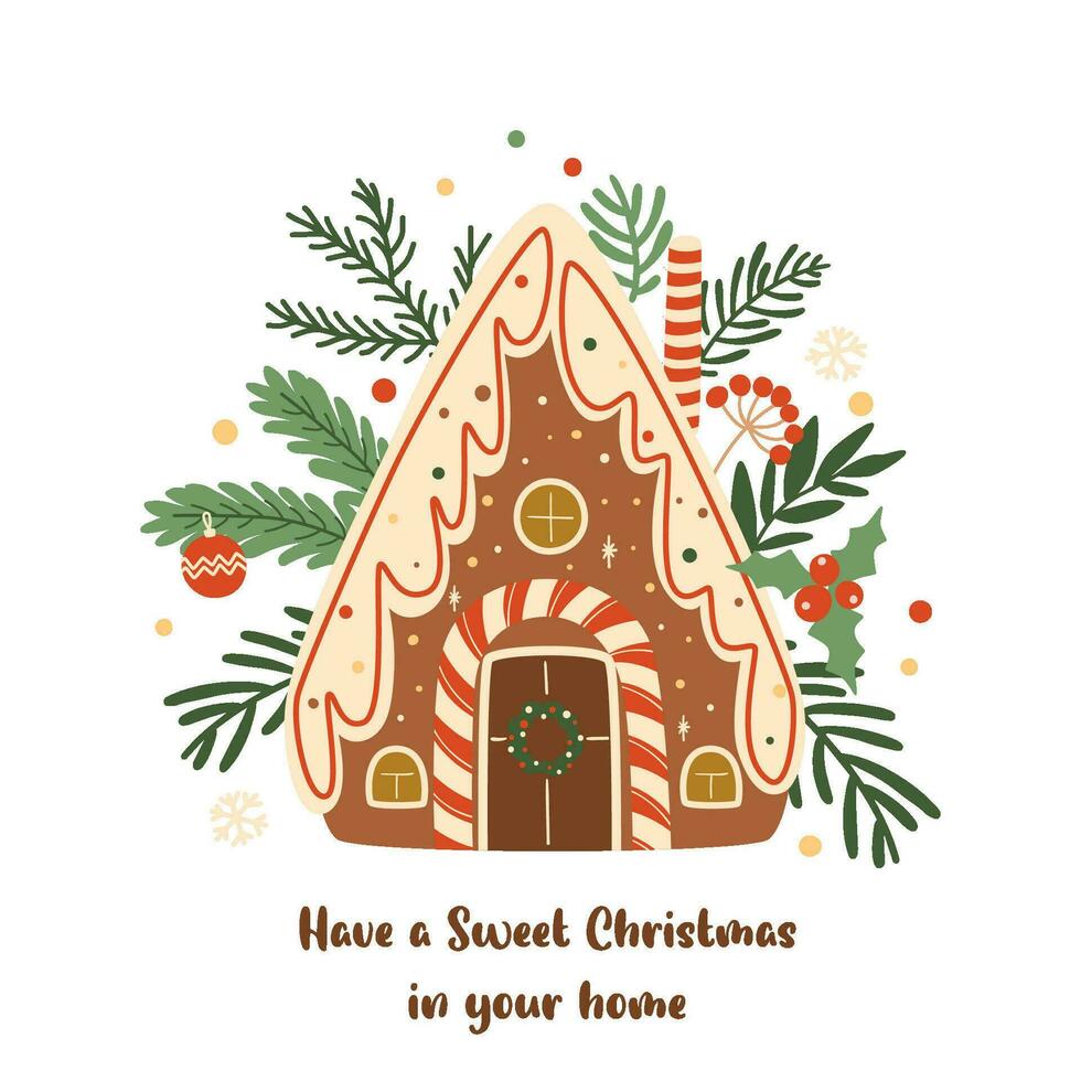 Christmas gingerbread house cookie isolated vector element. Tasty winter holiday dessert decorated fir tree branches. New Year food illustration. Baked Christmas concept for card, poster design.