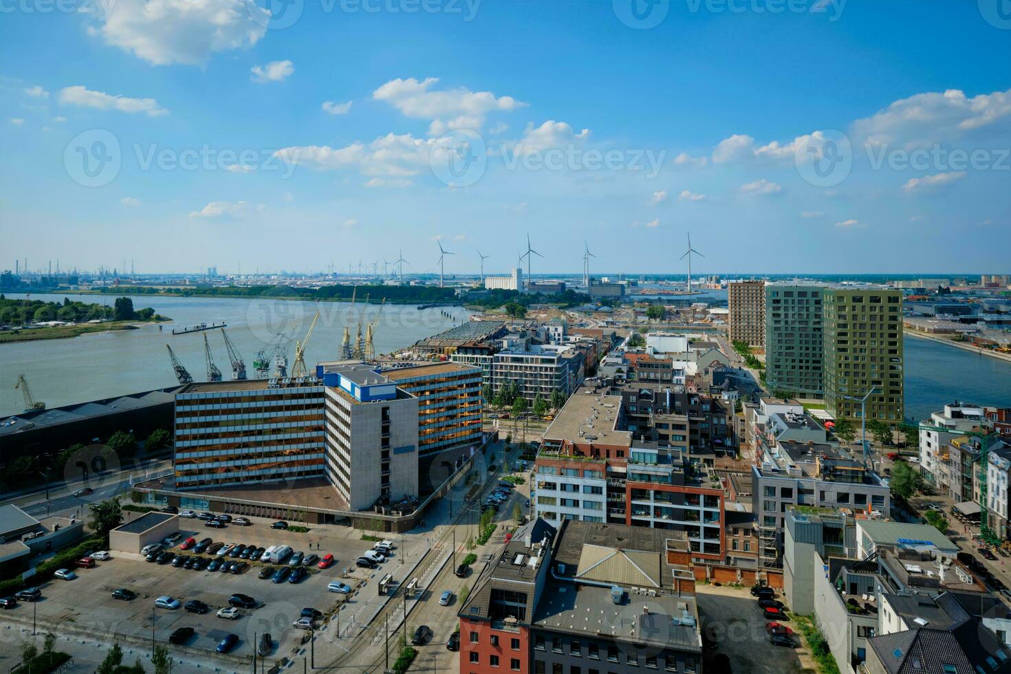 Aerial view of Antwerp city with port crane in cargo terminal. Antwerpen, Belgium photo
