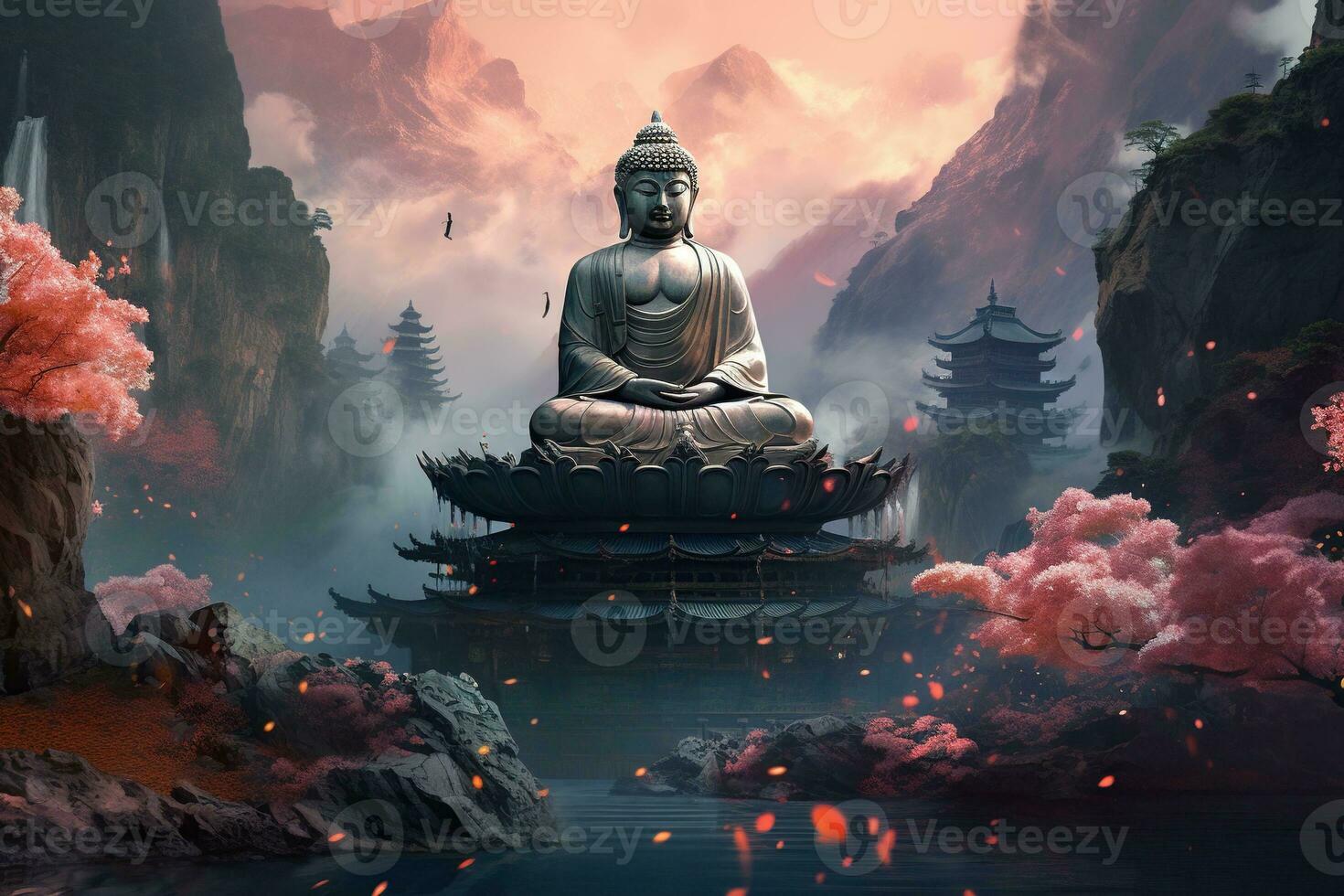 Generative AI, Buddha statue in the mountains, with lotus flowers, natural lighting, natural environment photo