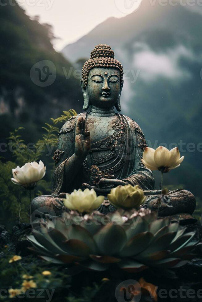 Generative AI, Buddha statue in the mountains, with lotus flowers, natural lighting, natural environment photo