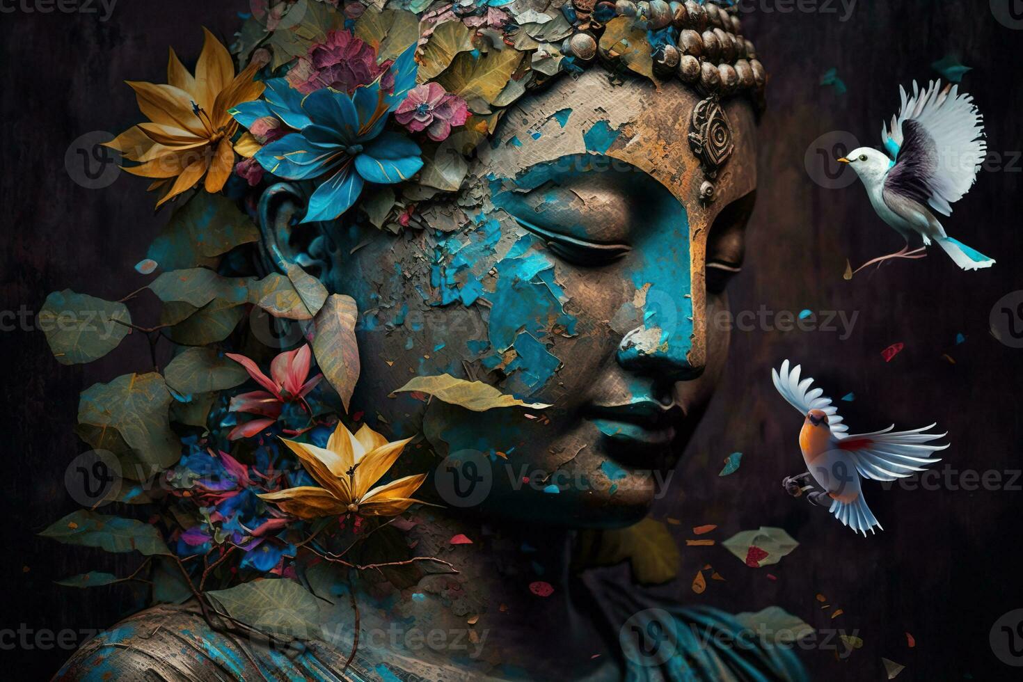 Generative AI, abstract lifelike buddha statue, flowers, magic lighting, beautiful metallic and stone colors, natural lighting, natural environment photo