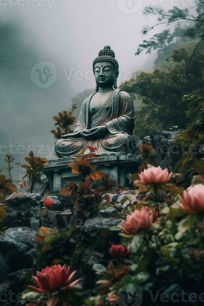 Generative AI, Buddha statue in the mountains, with lotus flowers, natural lighting, natural environment photo