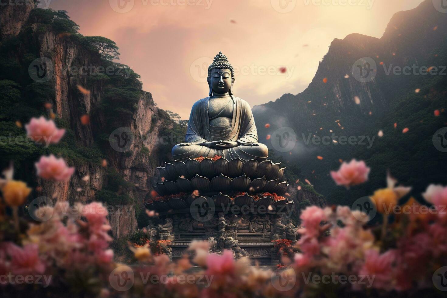 Generative AI, Buddha statue in the mountains, with lotus flowers, natural lighting, natural environment photo