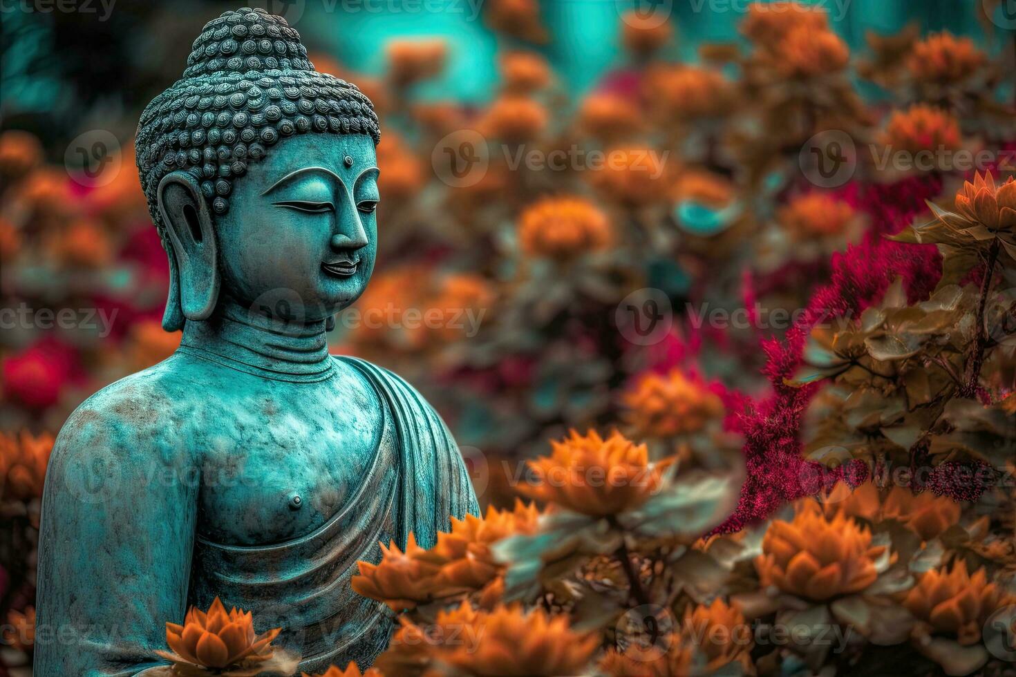 Generative AI, abstract lifelike buddha statue, flowers, magic lighting, beautiful metallic and stone colors, natural lighting, natural environment photo