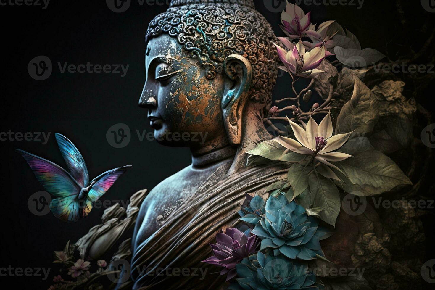 Generative AI, abstract lifelike buddha statue, flowers, magic lighting, beautiful metallic and stone colors, natural lighting, natural environment photo