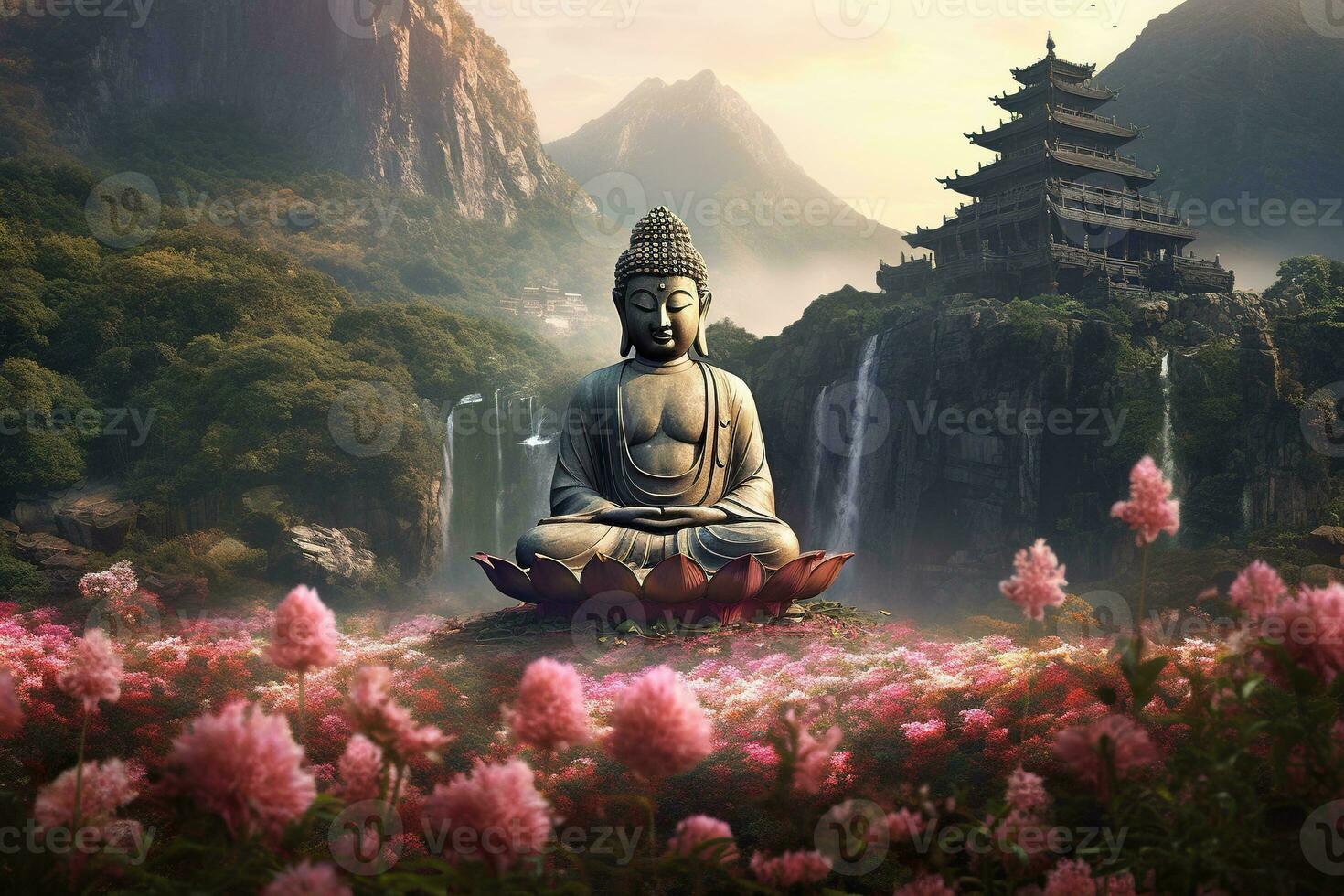 Generative AI, Buddha statue in the mountains, with lotus flowers, natural lighting, natural environment photo