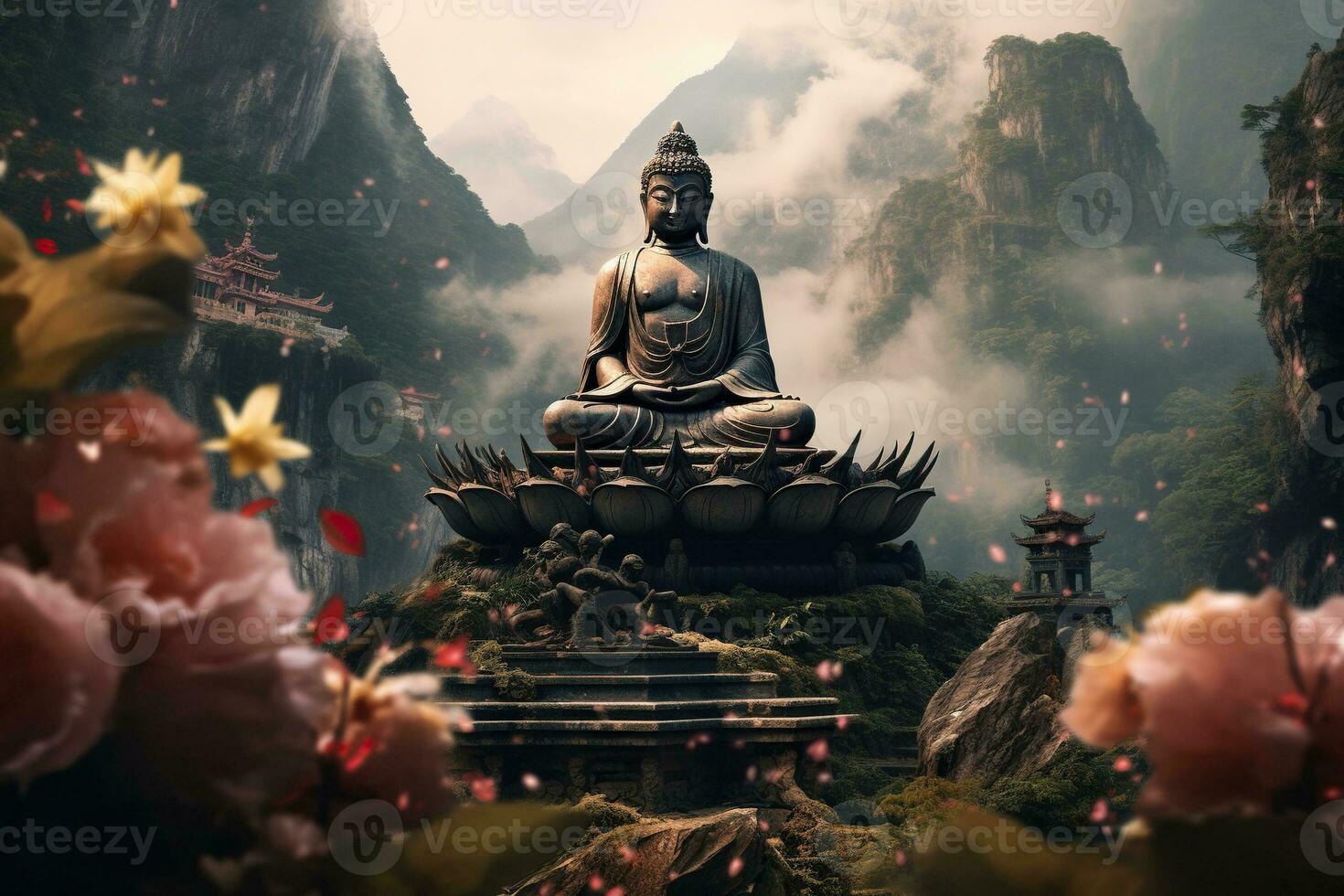 Generative AI, Buddha statue in the mountains, with lotus flowers, natural lighting, natural environment photo