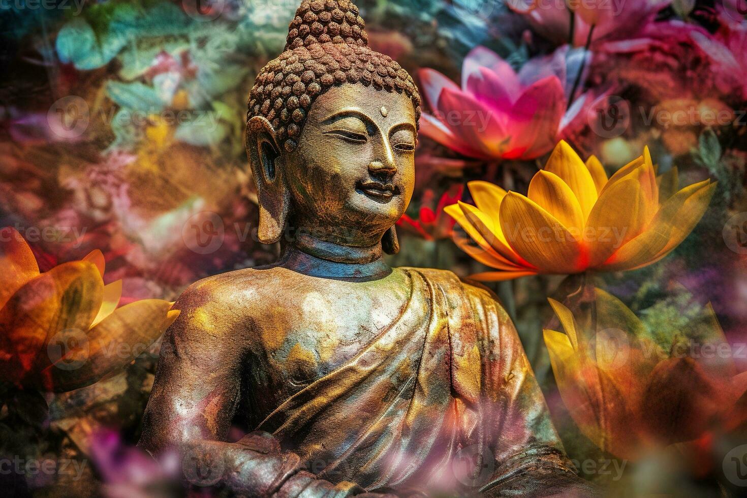 Generative AI, abstract lifelike buddha statue, flowers, magic lighting, beautiful metallic and stone colors, natural lighting, natural environment photo