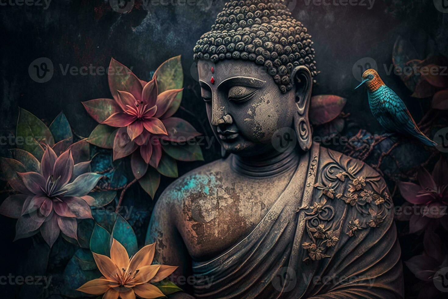 Generative AI, abstract lifelike buddha statue, flowers, magic lighting, beautiful metallic and stone colors, natural lighting, natural environment photo