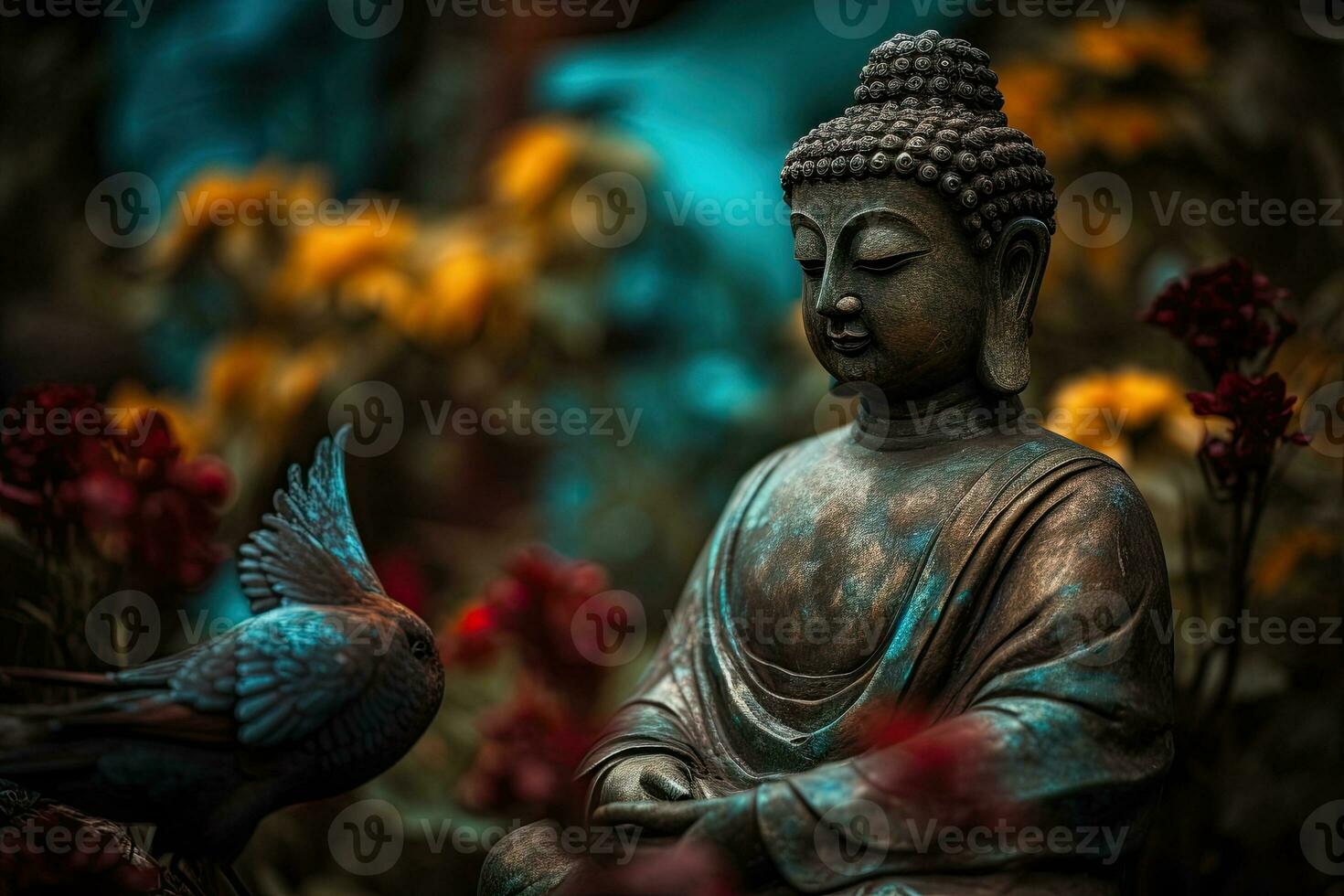 Generative AI, abstract lifelike buddha statue, flowers, magic lighting, beautiful metallic and stone colors, natural lighting, natural environment photo
