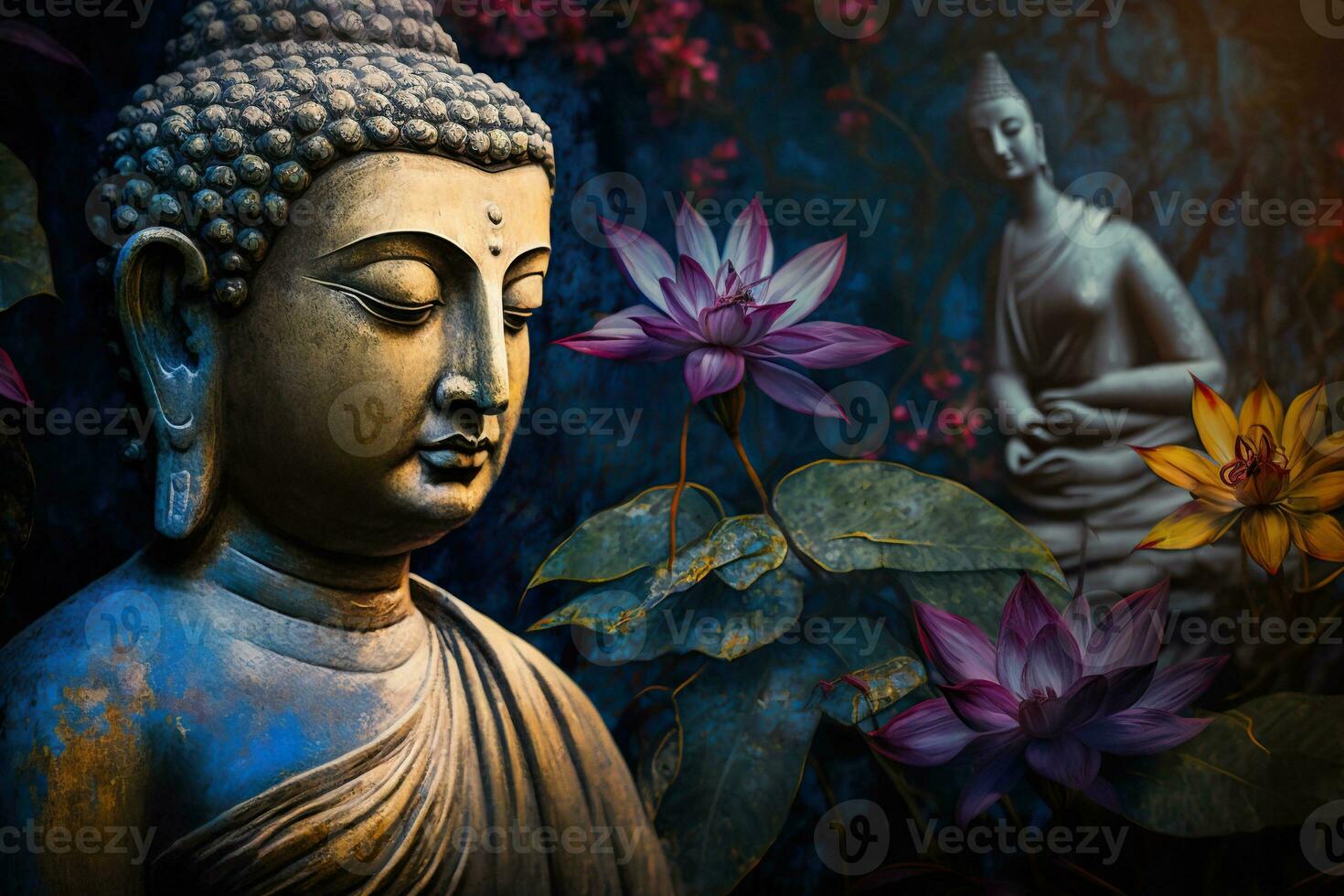 Generative AI, abstract lifelike buddha statue, flowers, magic lighting, beautiful metallic and stone colors, natural lighting, natural environment photo