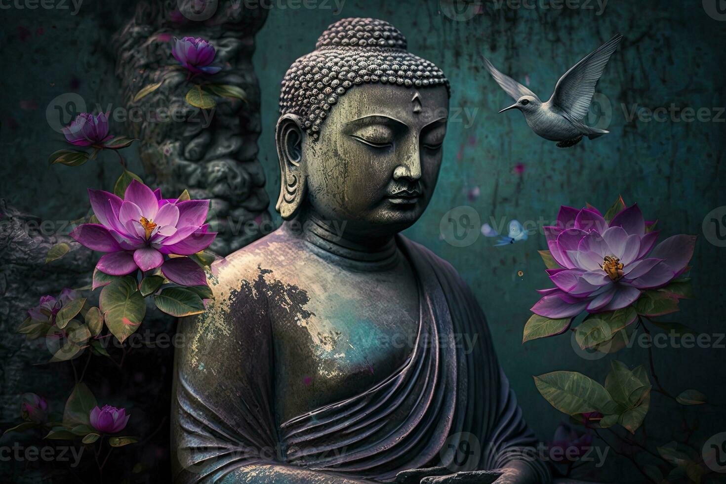 Generative AI, abstract lifelike buddha statue, flowers, magic lighting, beautiful metallic and stone colors, natural lighting, natural environment photo