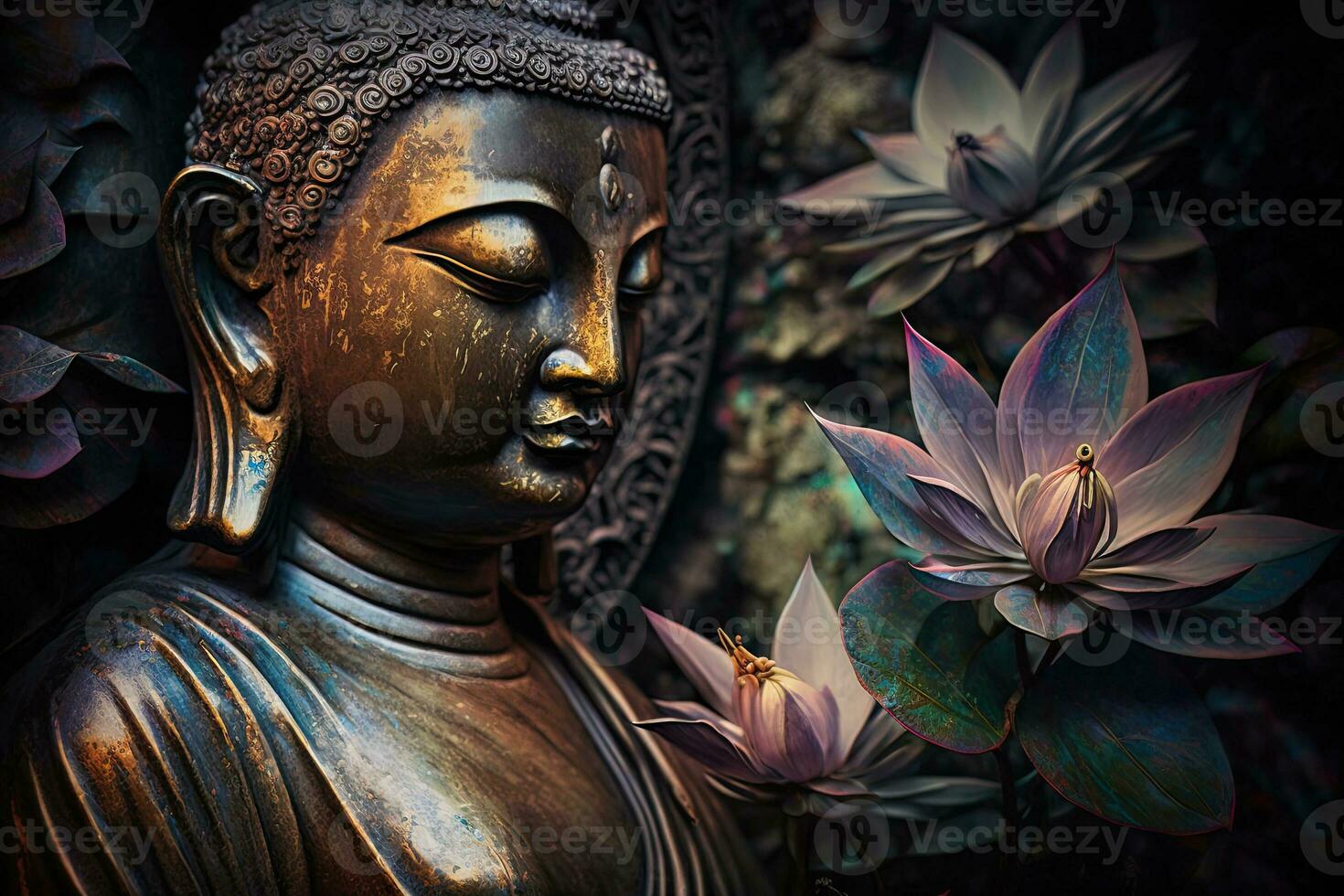 Generative AI, abstract lifelike buddha statue, flowers, magic lighting, beautiful metallic and stone colors, natural lighting, natural environment photo