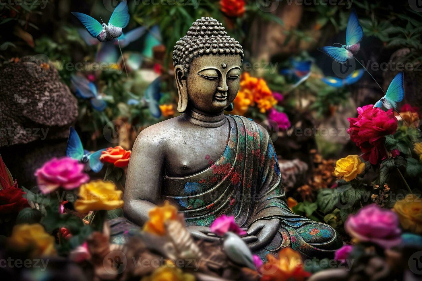 Generative AI, abstract lifelike buddha statue, flowers, magic lighting, beautiful metallic and stone colors, natural lighting, natural environment photo