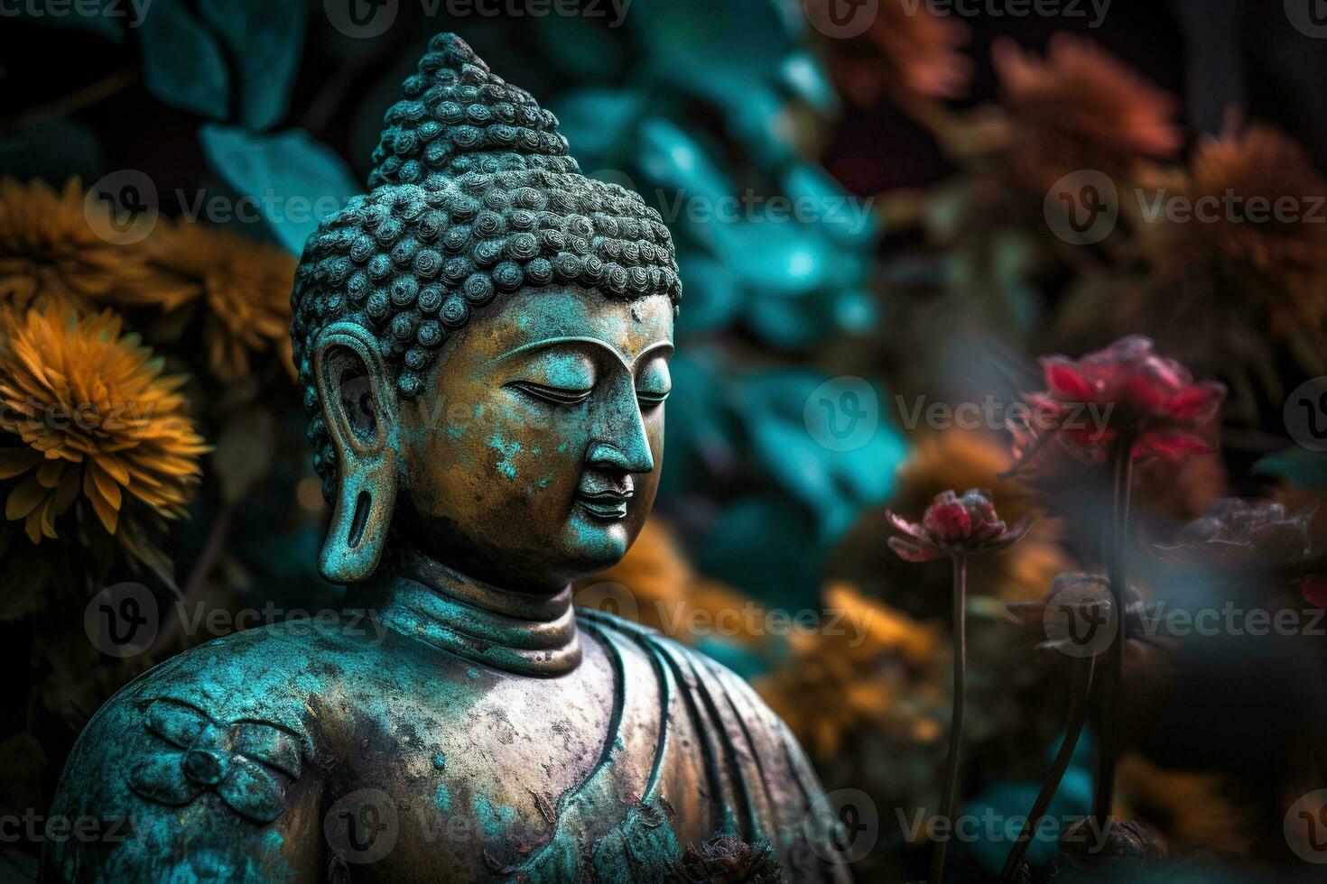 Generative AI, abstract lifelike buddha statue, flowers, magic lighting, beautiful metallic and stone colors, natural lighting, natural environment photo