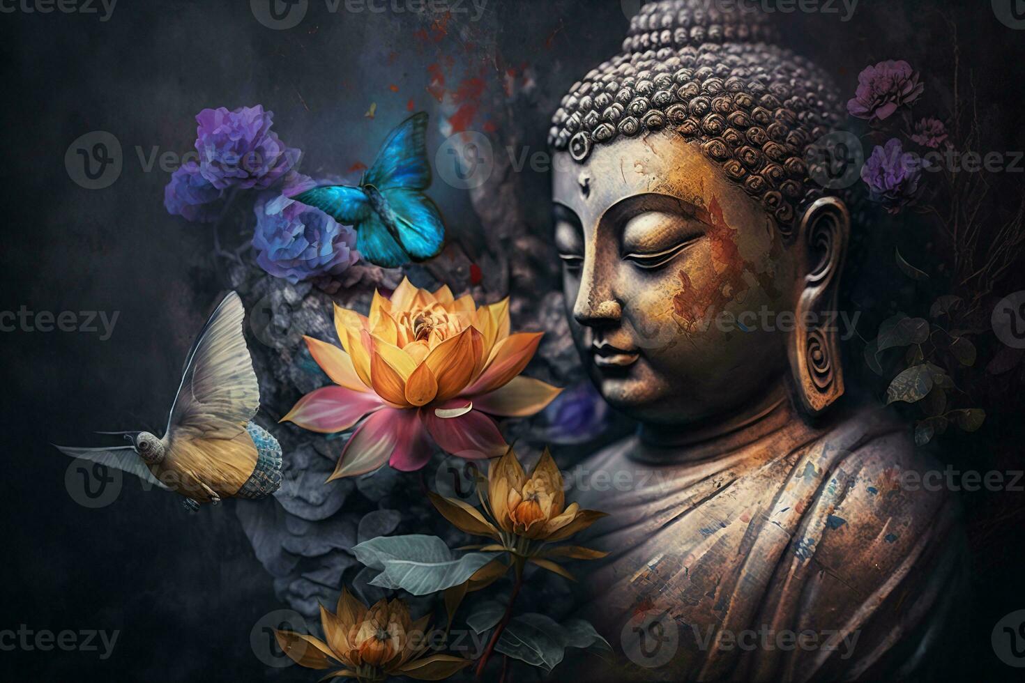 Generative AI, abstract lifelike buddha statue, flowers, magic lighting, beautiful metallic and stone colors, natural lighting, natural environment photo