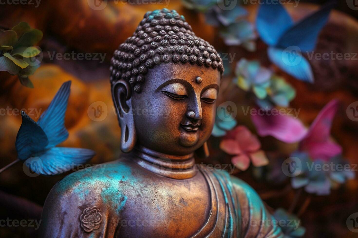 Generative AI, abstract lifelike buddha statue, flowers, magic lighting, beautiful metallic and stone colors, natural lighting, natural environment photo