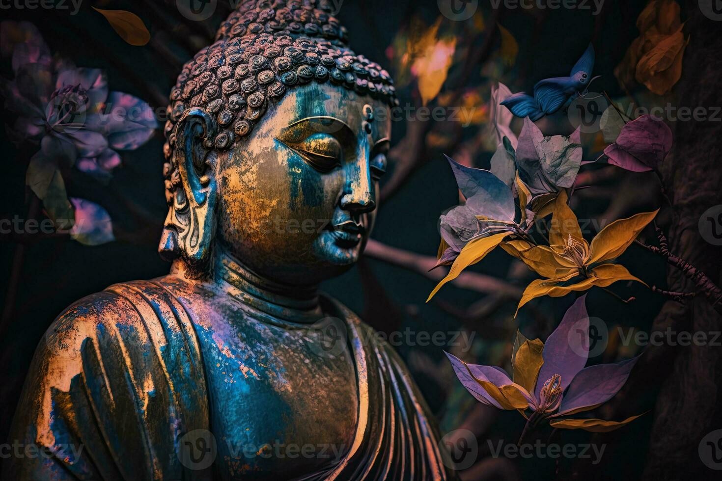 Generative AI, abstract lifelike buddha statue, flowers, magic lighting, beautiful metallic and stone colors, natural lighting, natural environment photo
