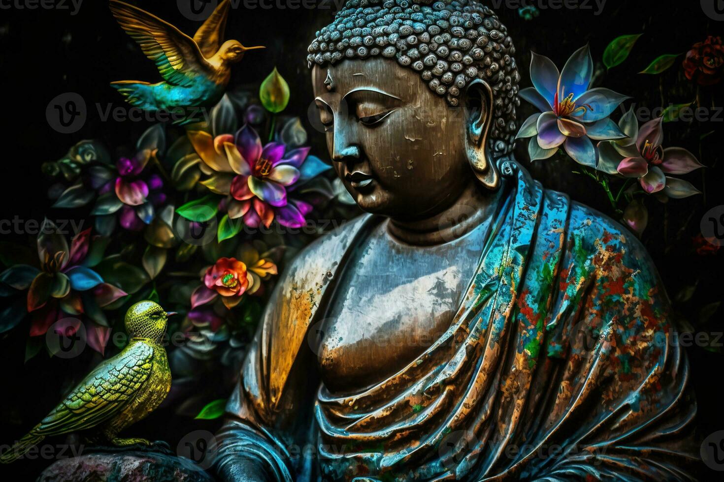 Generative AI, abstract lifelike buddha statue, flowers, magic lighting, beautiful metallic and stone colors, natural lighting, natural environment photo