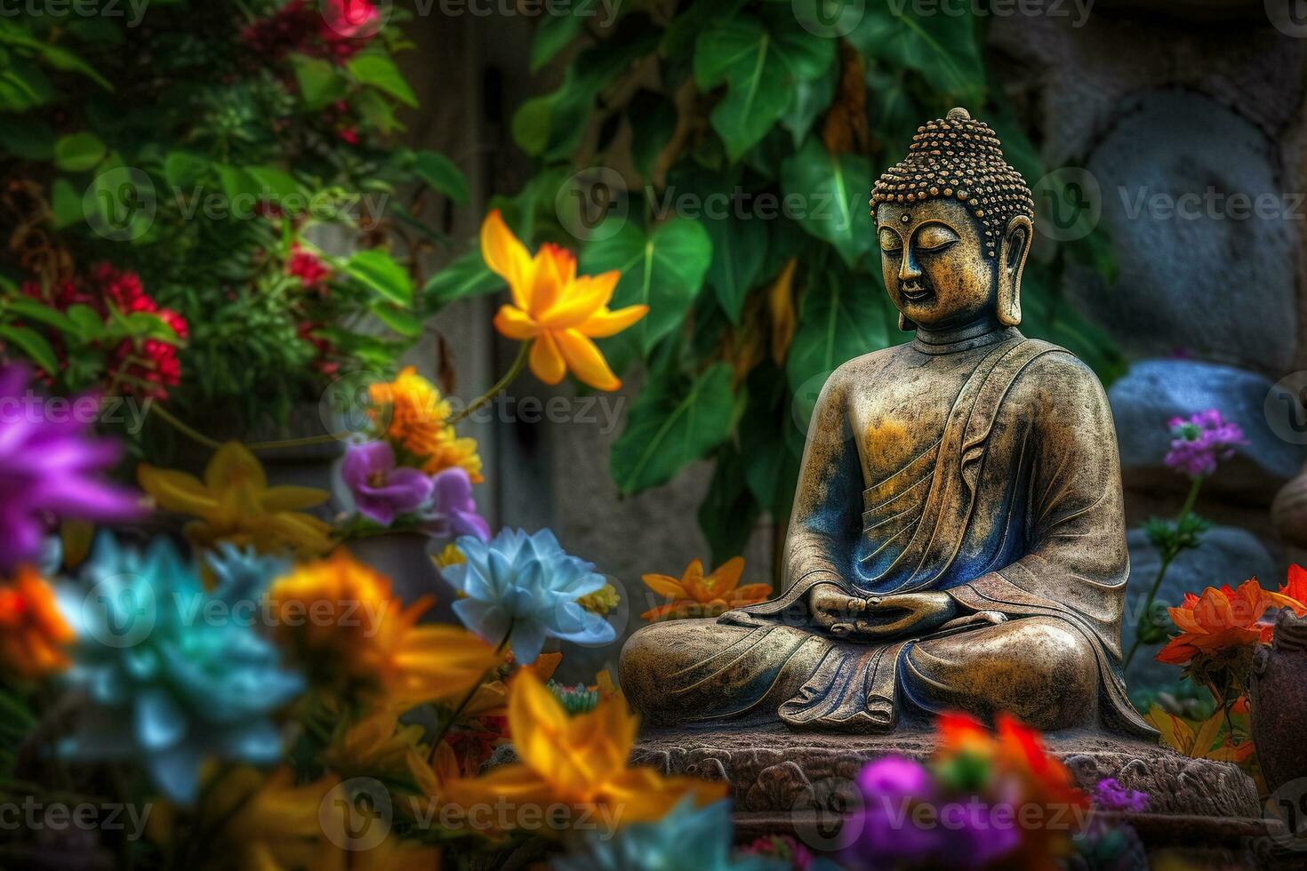 Generative AI, abstract lifelike buddha statue, flowers, magic lighting, beautiful metallic and stone colors, natural lighting, natural environment photo