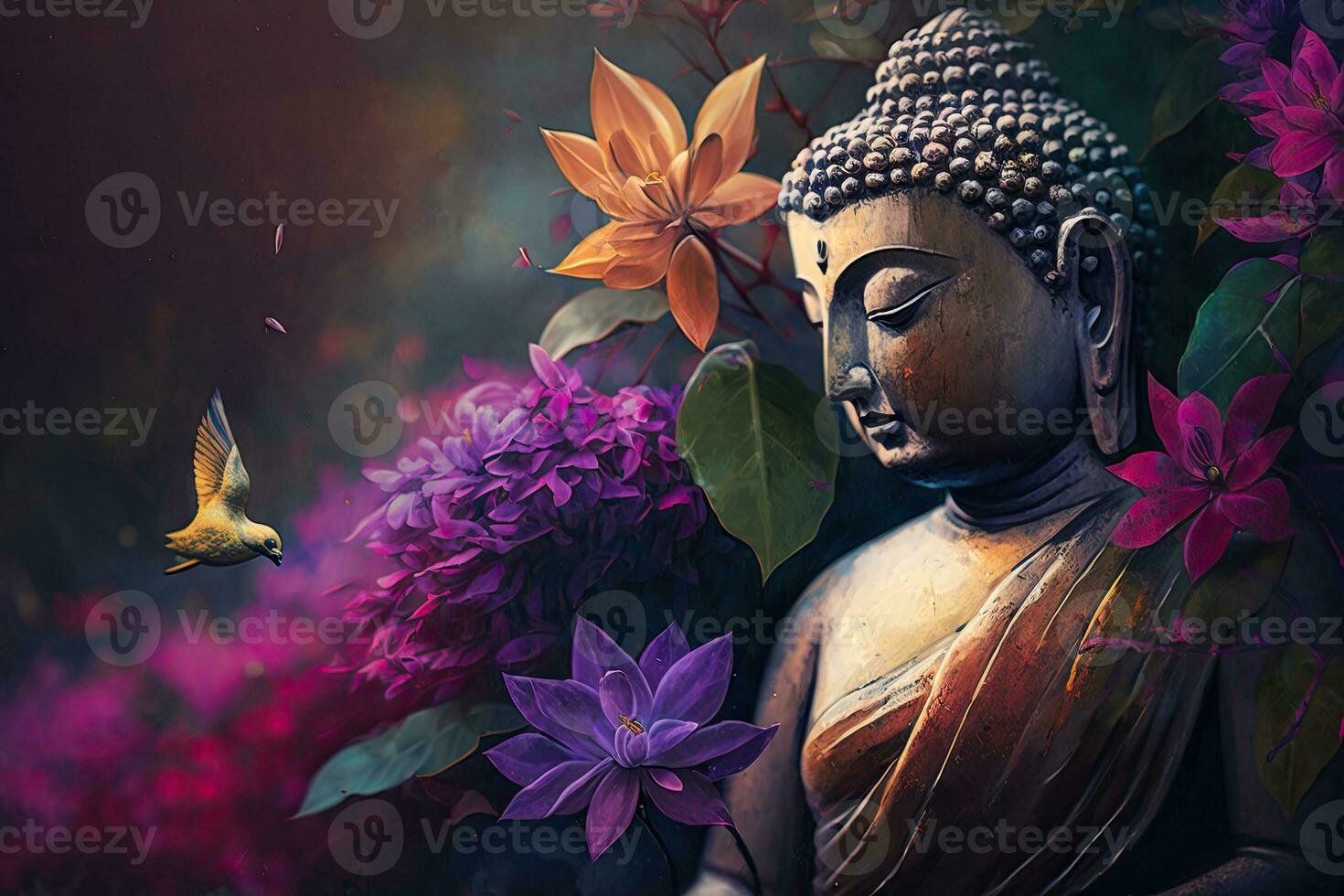 Generative AI, abstract lifelike buddha statue, flowers, magic lighting, beautiful metallic and stone colors, natural lighting, natural environment photo