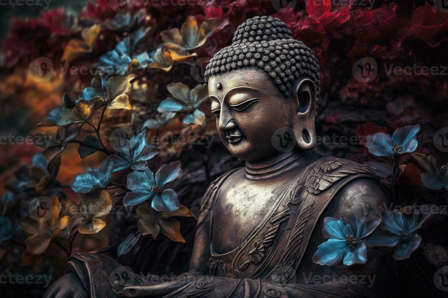 Generative AI, abstract lifelike buddha statue, flowers, magic lighting, beautiful metallic and stone colors, natural lighting, natural environment photo