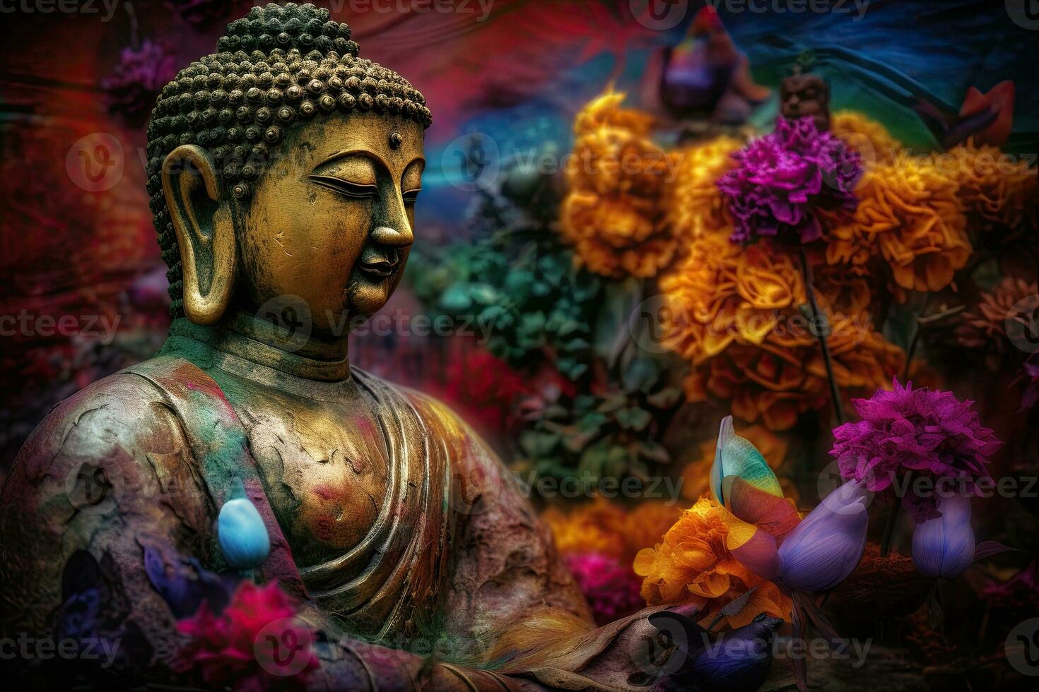 Generative AI, abstract lifelike buddha statue, flowers, magic lighting, beautiful metallic and stone colors, natural lighting, natural environment photo