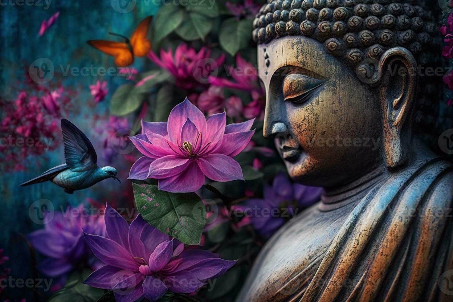 Generative AI, abstract lifelike buddha statue, flowers, magic lighting, beautiful metallic and stone colors, natural lighting, natural environment photo
