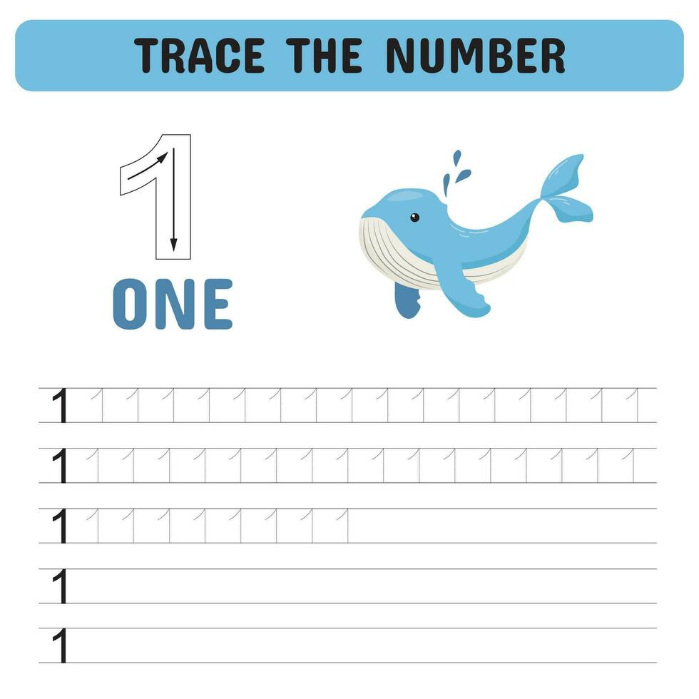 Trace the number. Tracing number 1 worksheet for kindergarten, preschool  for learning numbers and handwriting practice activities. Educational children game, printable worksheet. Vector illustration