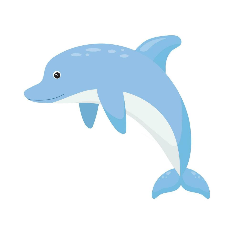 Cute illustration of a funny blue dolphin jumping happily on a white background. Vector illustration