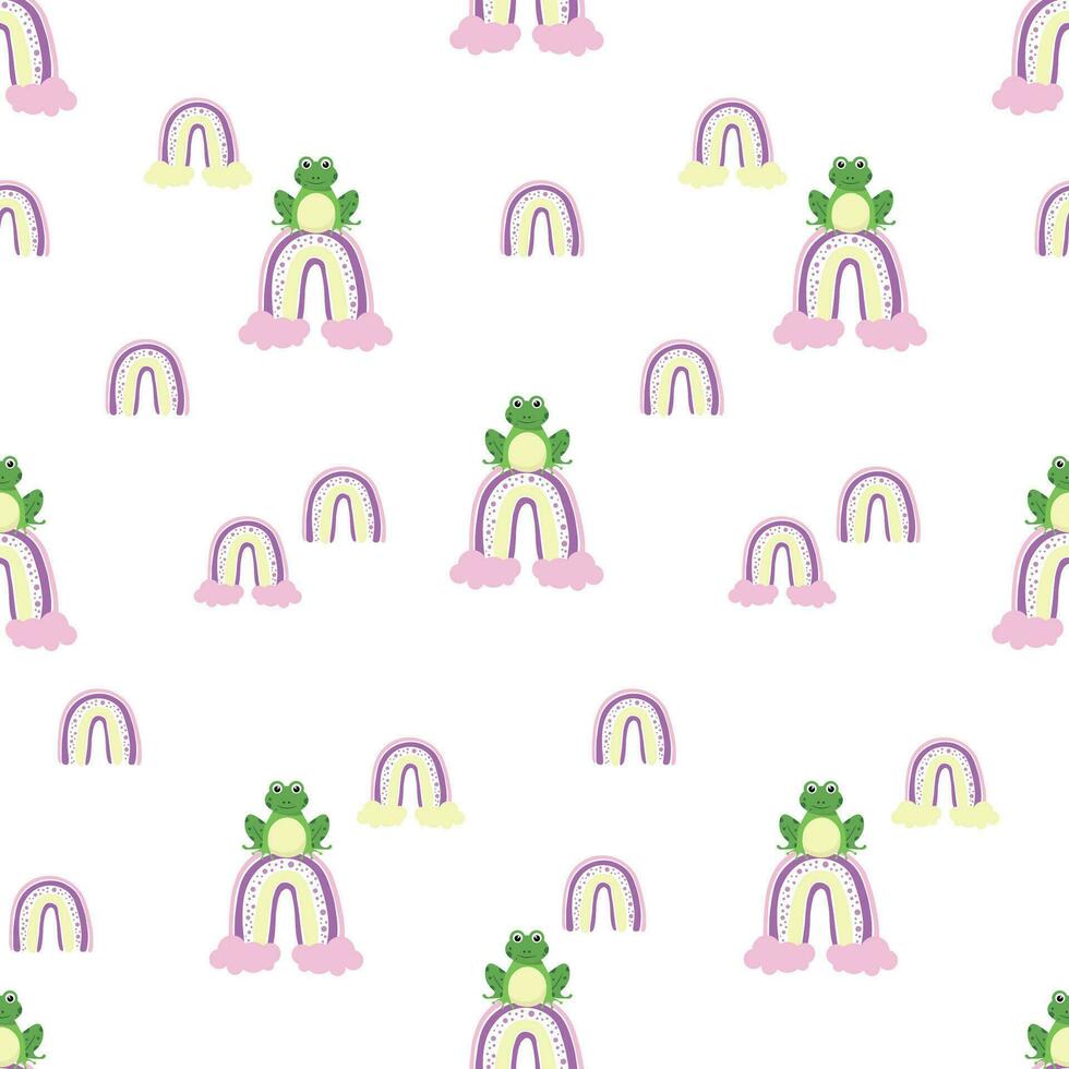 Print for children's clothing. Seamless pattern with frogs and rainbows on a white background. Vector illustration