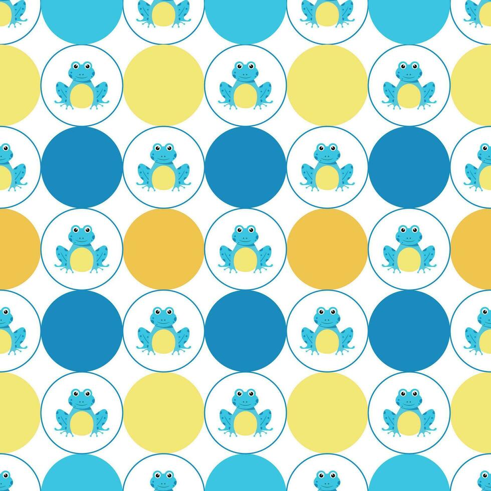 Seamless pattern with frogs and geometric shapes - circles on a white background. Pattern for children's clothing, notebook cover, wrapping paper. Vector image