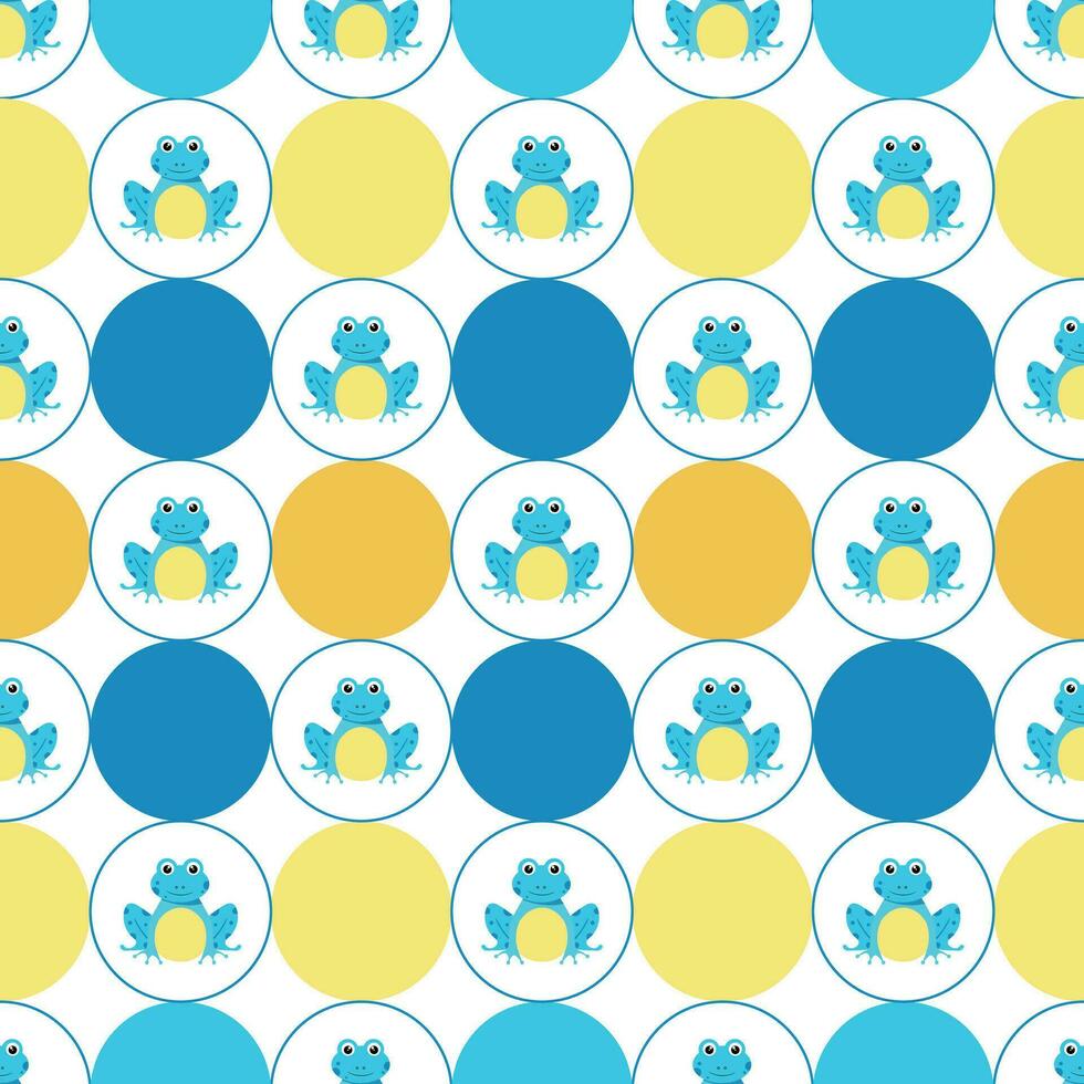 Seamless pattern with frogs and geometric shapes - circles on a white background. Pattern for children's clothing, notebook cover, wrapping paper. Vector image
