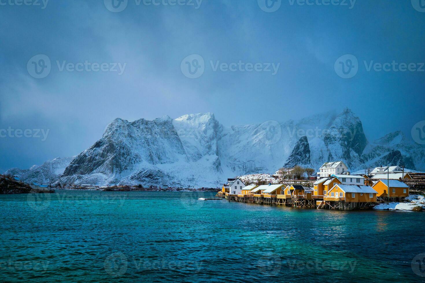 Yellow rorbu houses, Lofoten islands, Norway photo