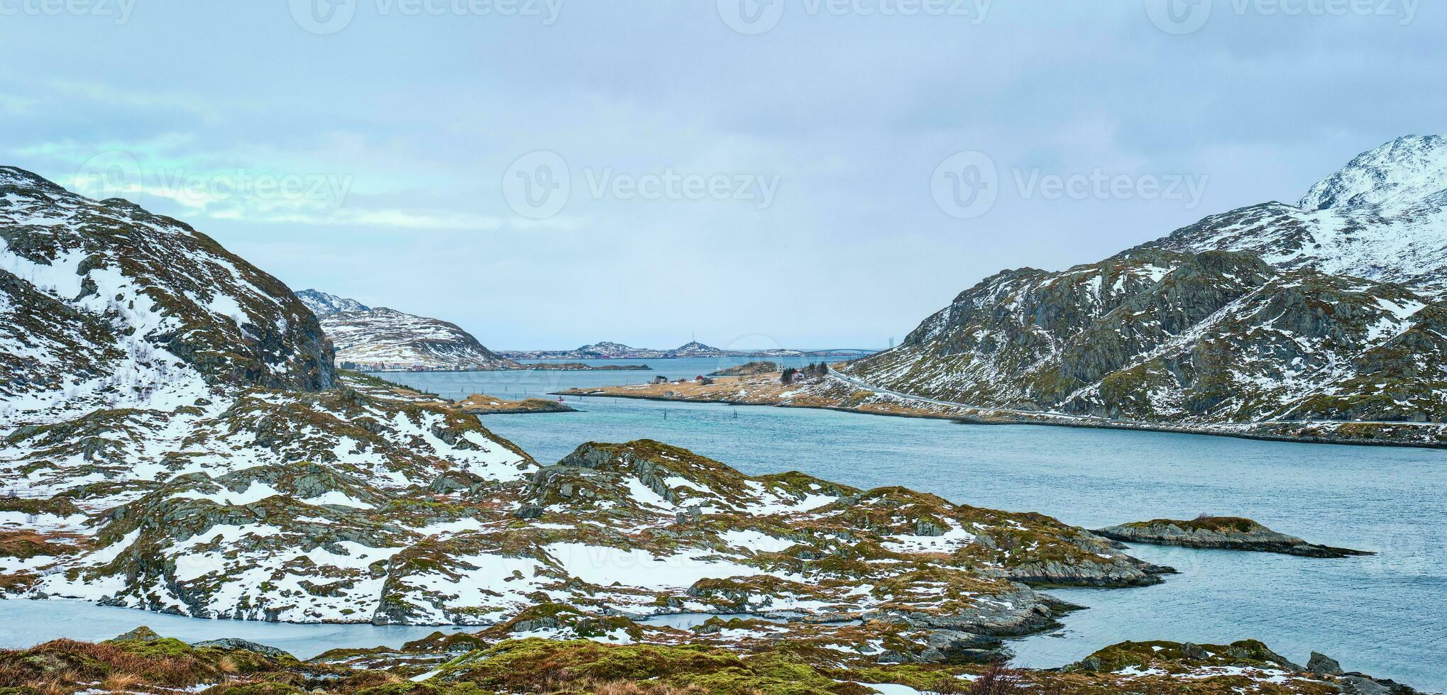 Panorama of norwegian fjord, Lofoten islands, Norway photo