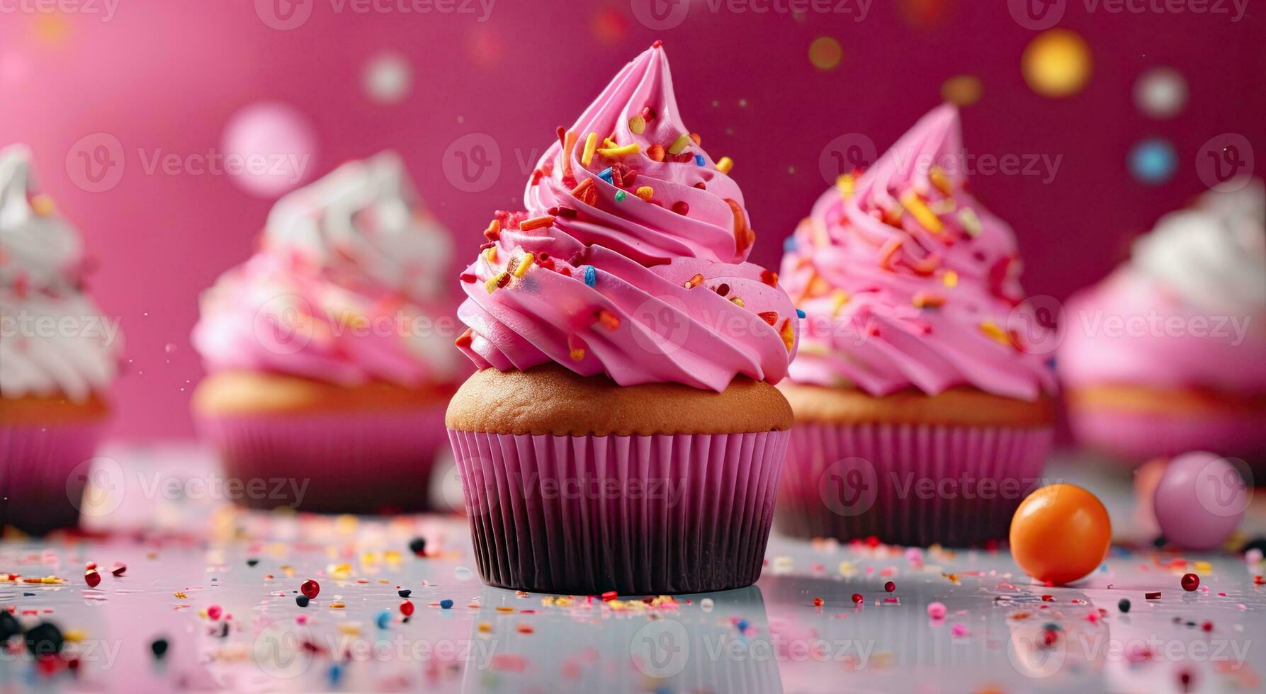 Generative AI, various colorful cupcakes with ice cream scattered over a colorful background, pink and gold, pink and magenta photo