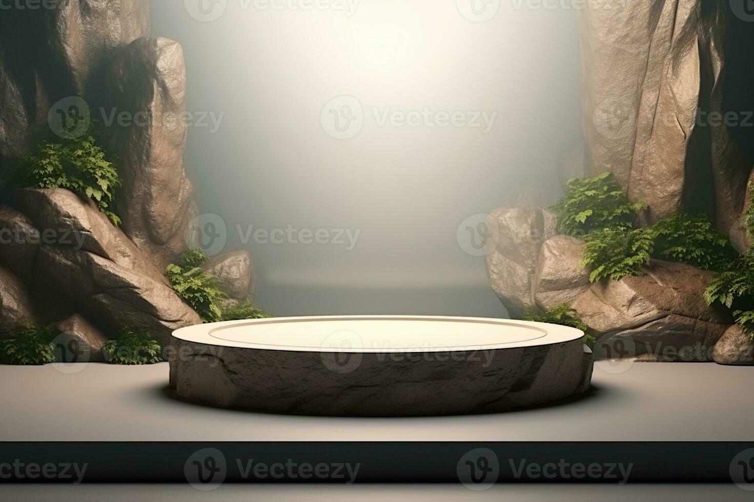 Generative AI, a rock or stone podium nature pedestal stage product display background, empty display showroom photo