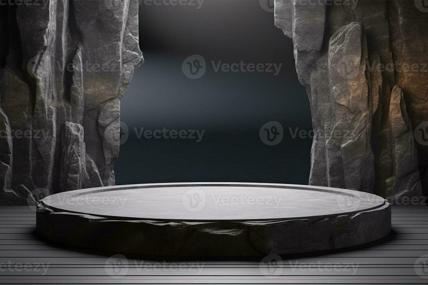 Generative AI, a rock or stone podium nature pedestal stage product display background, empty display showroom photo