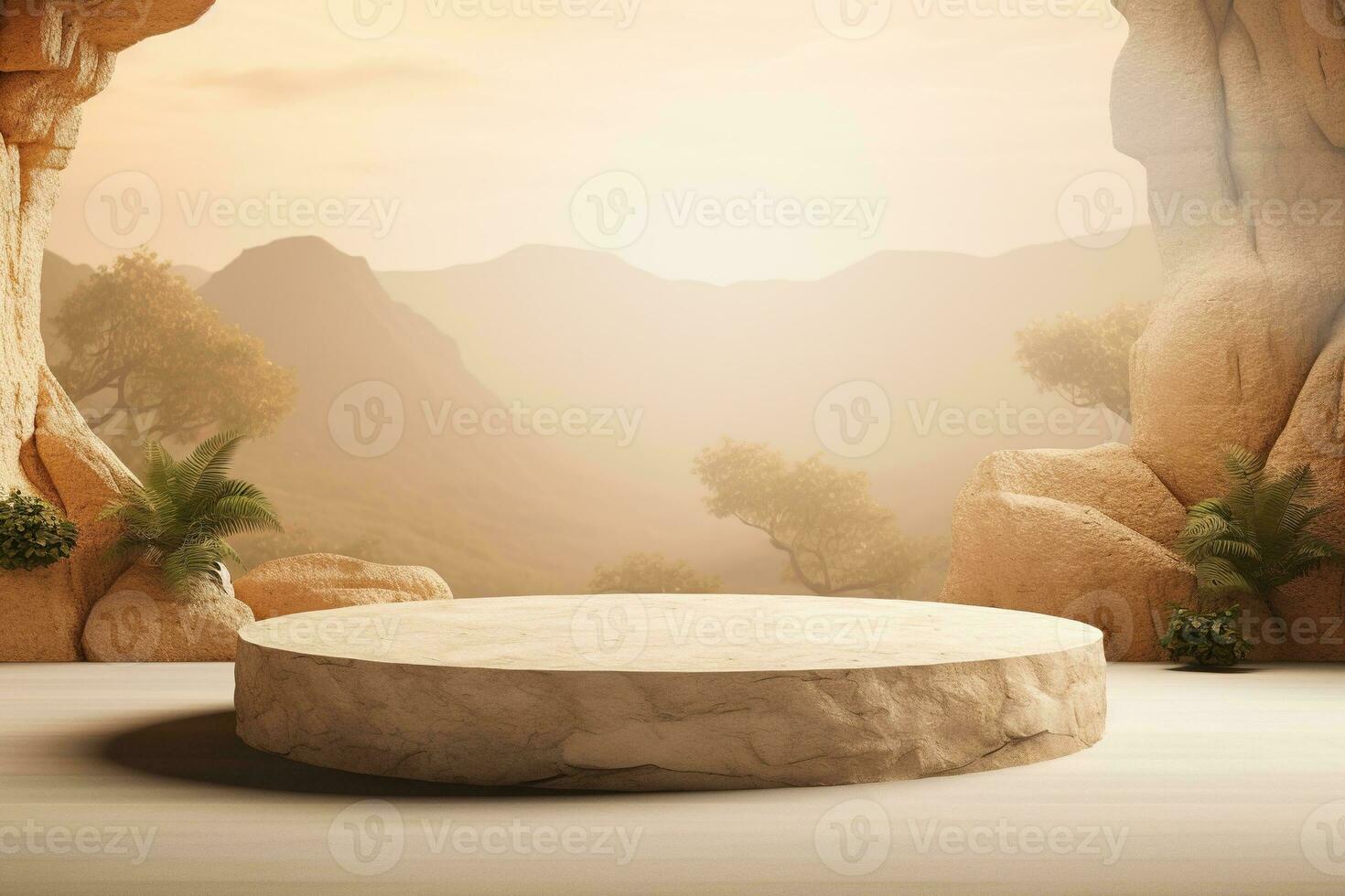 Generative AI, a rock or stone podium nature pedestal stage product display background, empty display showroom photo